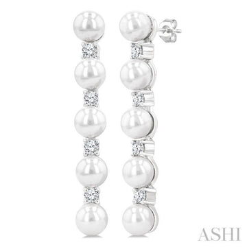 4MM Cultured Pearl and 1/4 Ctw Round Cut Diamond Fashion Earrings in 14K White Gold